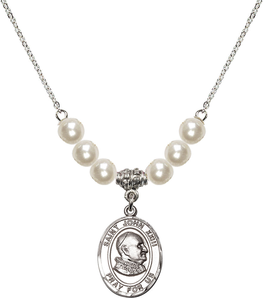 Sterling Silver Saint John XXIII Birthstone Necklace with Faux-Pearl Beads - 8455