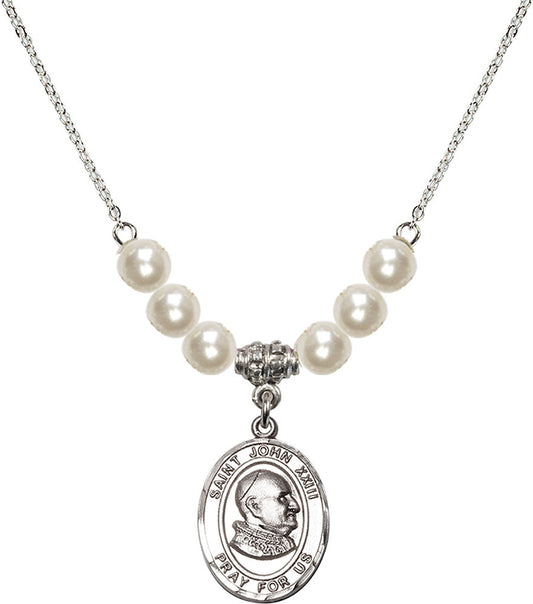 Sterling Silver Saint John XXIII Birthstone Necklace with Faux-Pearl Beads - 8455