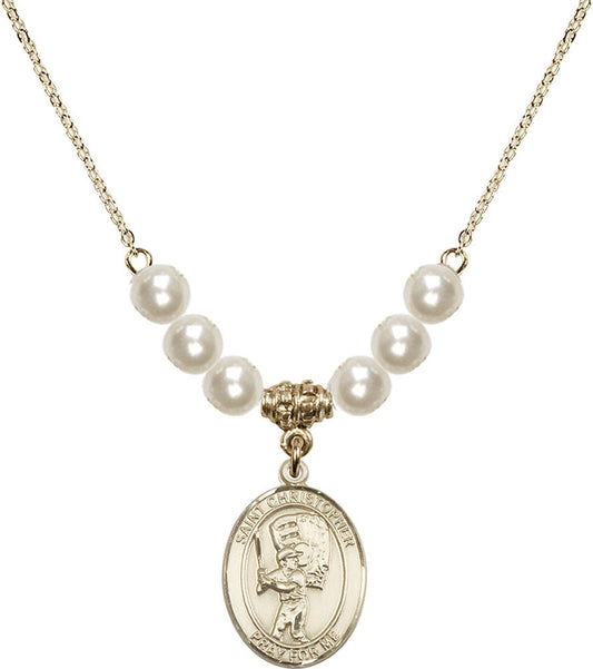 14kt Gold Filled Saint Christopher/Baseball Birthstone Necklace with Faux-Pearl Beads - 8500