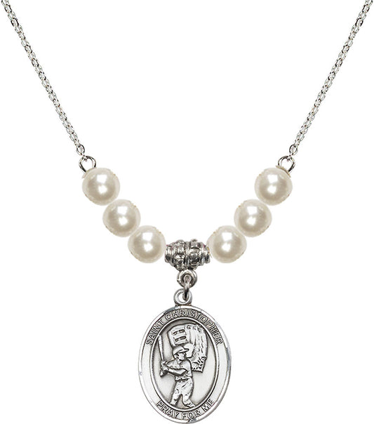 Sterling Silver Saint Christopher/Baseball Birthstone Necklace with Faux-Pearl Beads - 8500