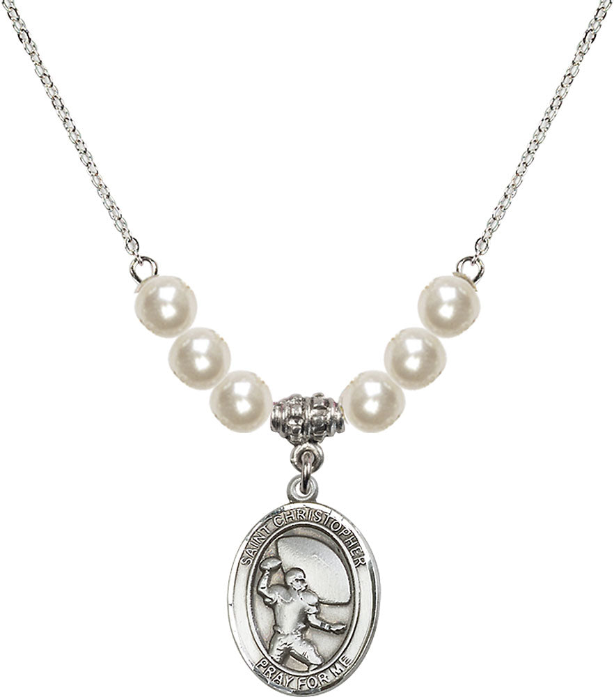 Sterling Silver Saint Christopher / Football Birthstone Necklace with Faux-Pearl Beads - 8501