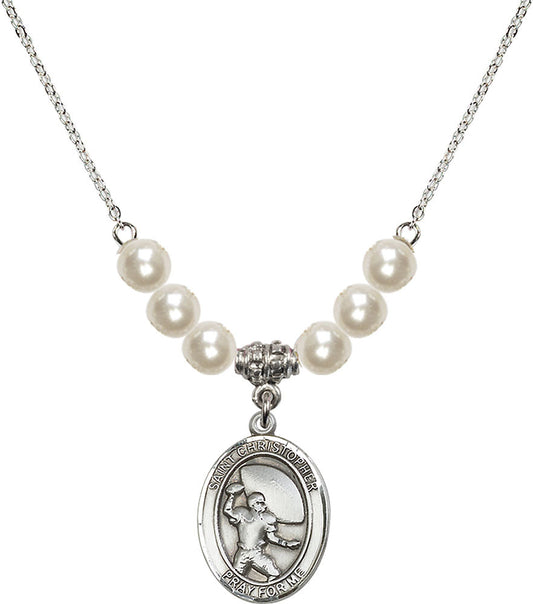 Sterling Silver Saint Christopher / Football Birthstone Necklace with Faux-Pearl Beads - 8501