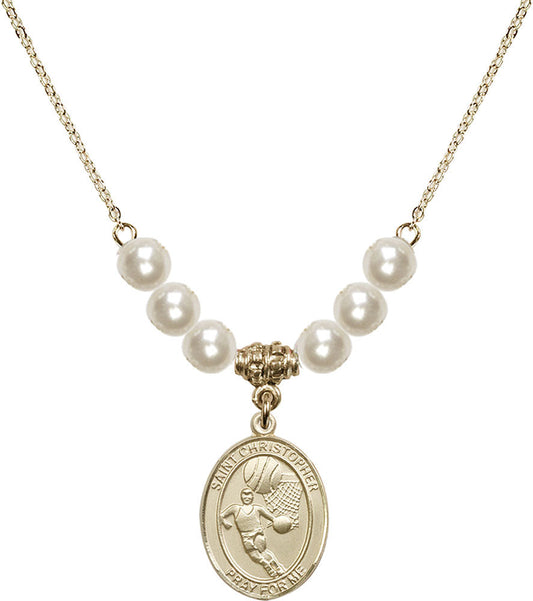 14kt Gold Filled Saint Christopher/Basketball Birthstone Necklace with Faux-Pearl Beads - 8502