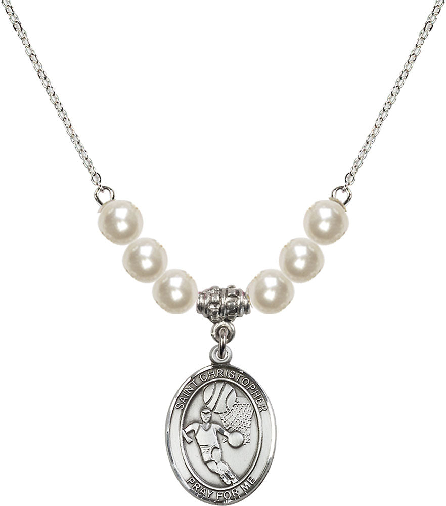 Sterling Silver Saint Christopher/Basketball Birthstone Necklace with Faux-Pearl Beads - 8502
