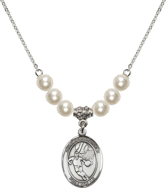 Sterling Silver Saint Christopher/Basketball Birthstone Necklace with Faux-Pearl Beads - 8502