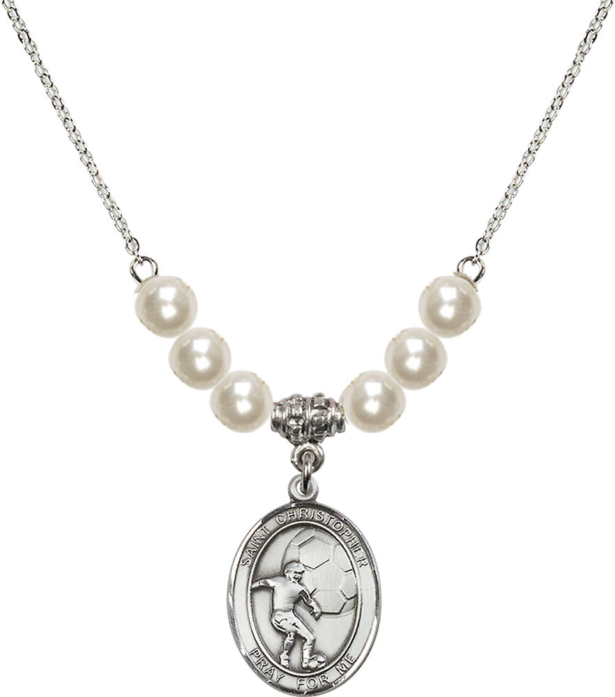 Sterling Silver Saint Christopher/Soccer Birthstone Necklace with Faux-Pearl Beads - 8503