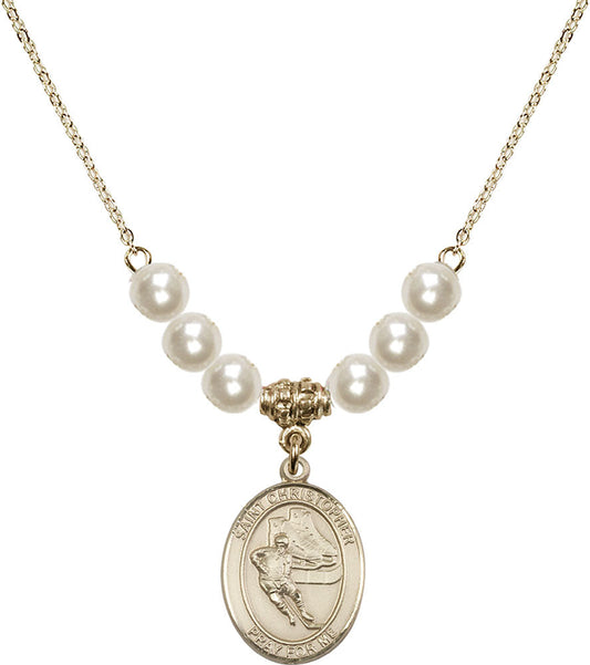 14kt Gold Filled Saint Christopher/Hockey Birthstone Necklace with Faux-Pearl Beads - 8504
