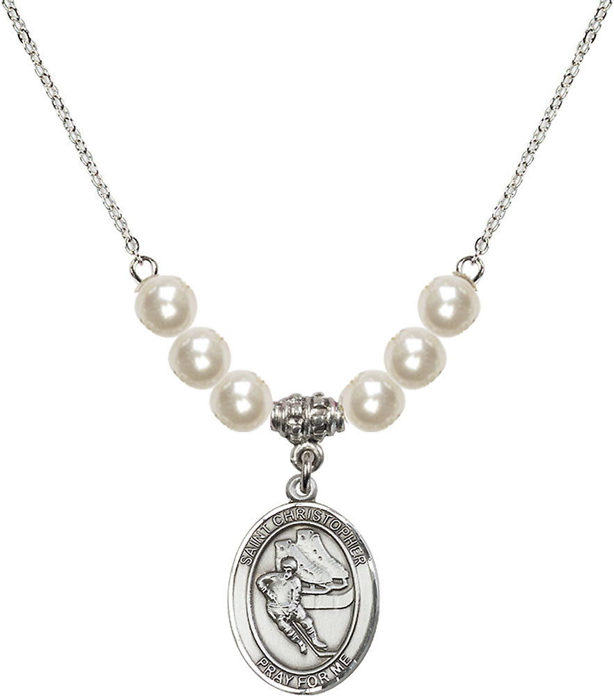 Sterling Silver Saint Christopher/Hockey Birthstone Necklace with Faux-Pearl Beads - 8504