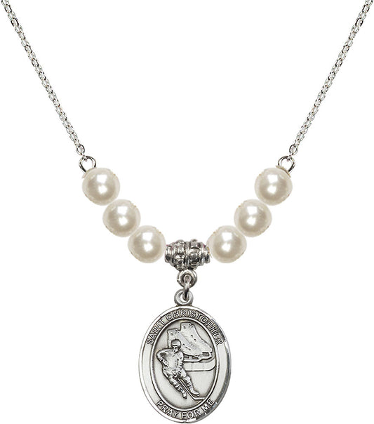 Sterling Silver Saint Christopher/Hockey Birthstone Necklace with Faux-Pearl Beads - 8504