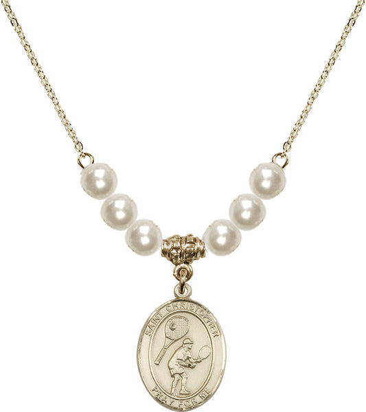 14kt Gold Filled Saint Christopher/Tennis Birthstone Necklace with Faux-Pearl Beads - 8505