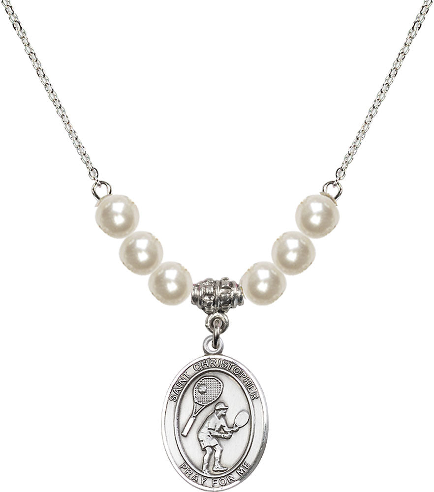 Sterling Silver Saint Christopher/Tennis Birthstone Necklace with Faux-Pearl Beads - 8505