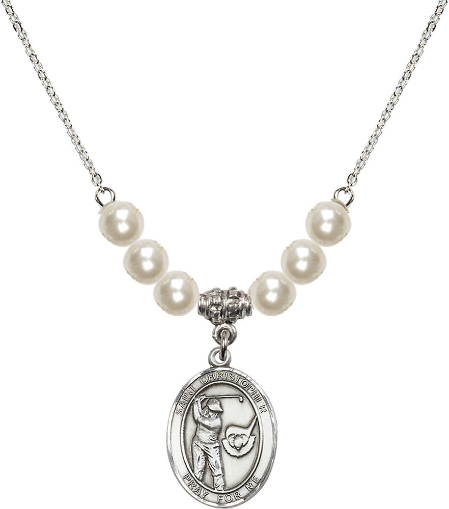 Sterling Silver Saint Christopher/Golf Birthstone Necklace with Faux-Pearl Beads - 8506