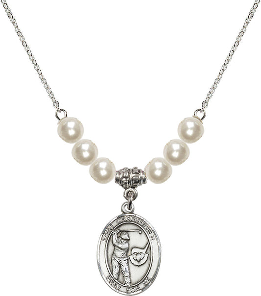 Sterling Silver Saint Christopher/Golf Birthstone Necklace with Faux-Pearl Beads - 8506