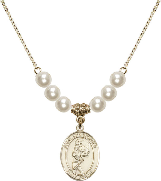 14kt Gold Filled Saint Christopher/Softball Birthstone Necklace with Faux-Pearl Beads - 8507