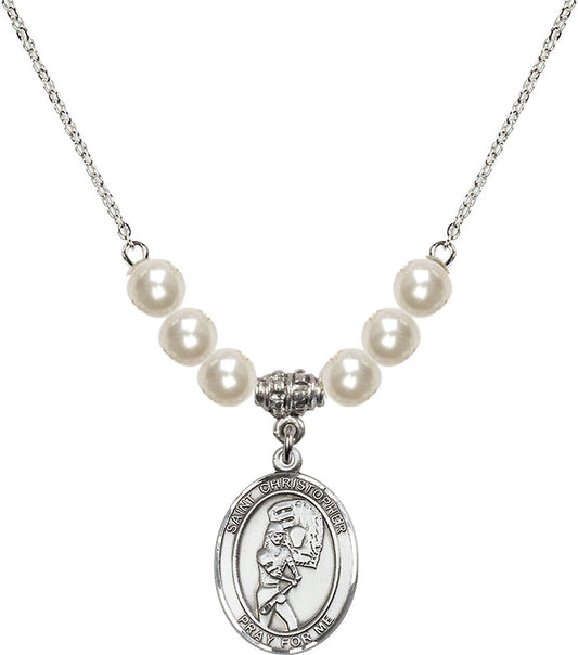 Sterling Silver Saint Christopher/Softball Birthstone Necklace with Faux-Pearl Beads - 8507