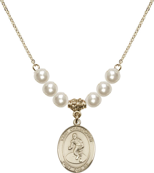 14kt Gold Filled Saint Christopher/Wrestling Birthstone Necklace with Faux-Pearl Beads - 8508