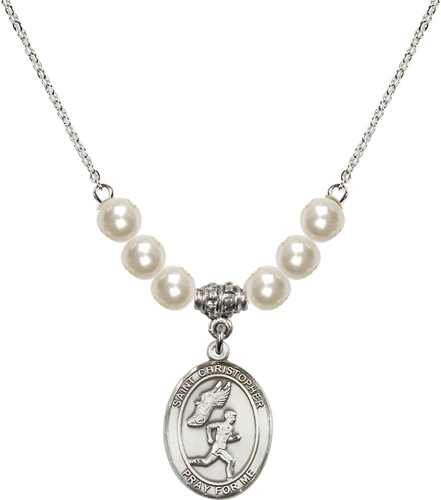 Sterling Silver Saint Christopher/Track&Field-Men Birthstone Necklace with Faux-Pearl Beads - 8509