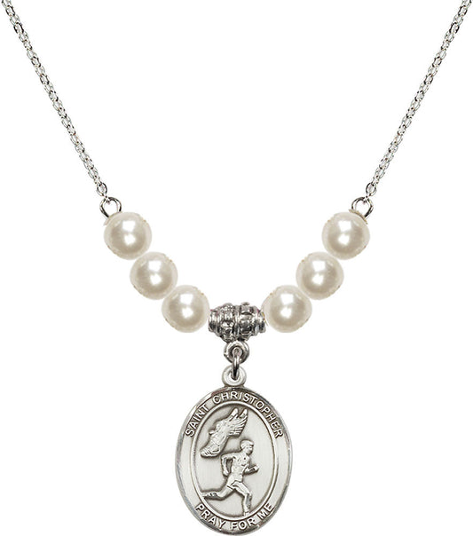 Sterling Silver Saint Christopher/Track&Field-Men Birthstone Necklace with Faux-Pearl Beads - 8509
