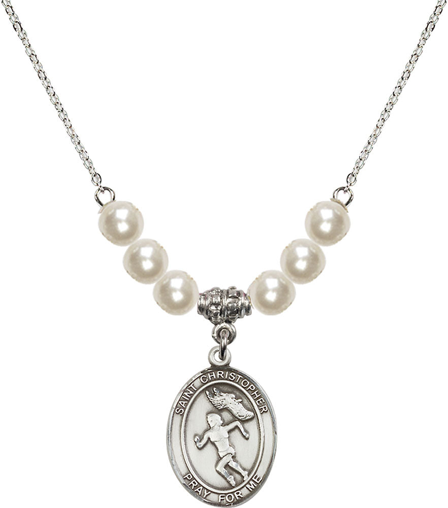 Sterling Silver Saint Christopher/Track&Field-Women Birthstone Necklace with Faux-Pearl Beads - 8510