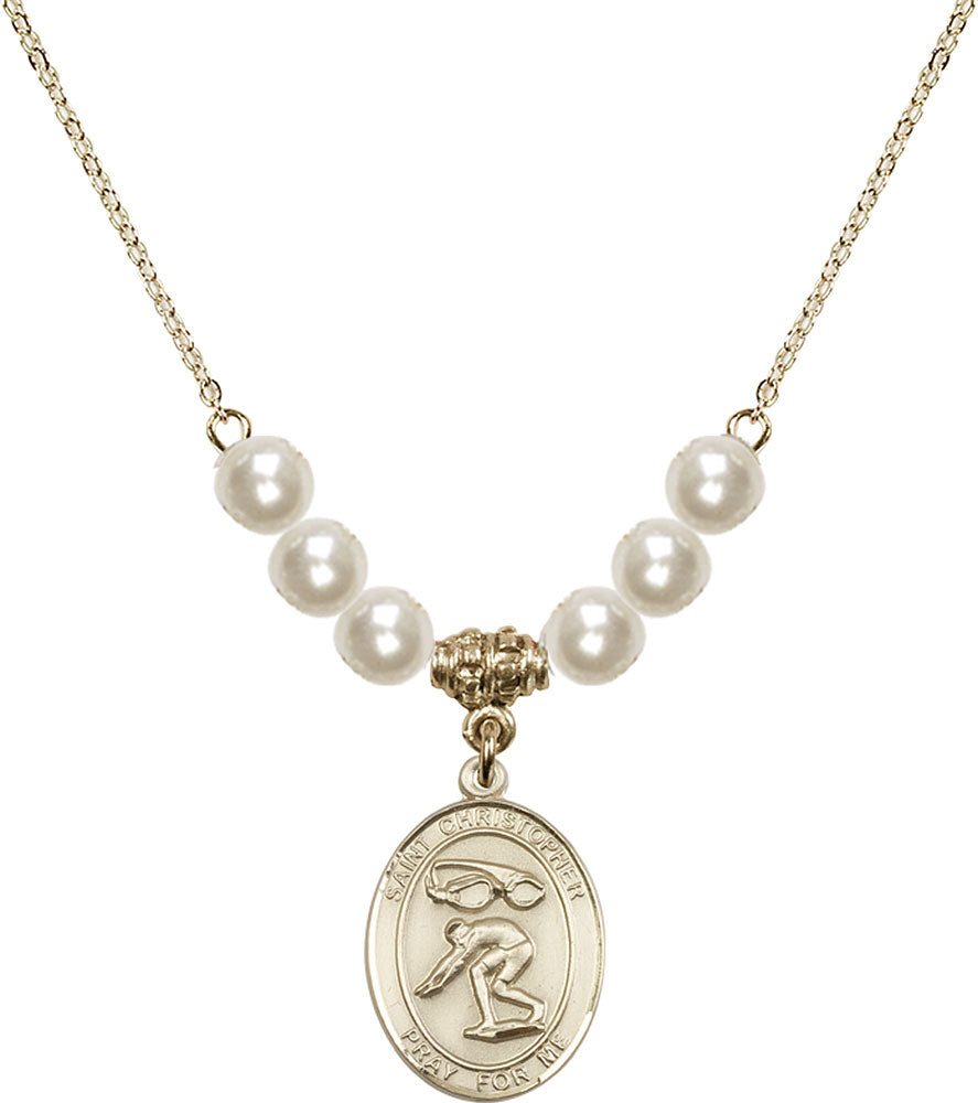 14kt Gold Filled Saint Christopher/Swimming Birthstone Necklace with Faux-Pearl Beads - 8511