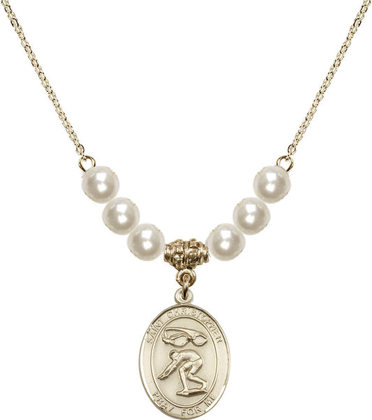 14kt Gold Filled Saint Christopher/Swimming Birthstone Necklace with Faux-Pearl Beads - 8511