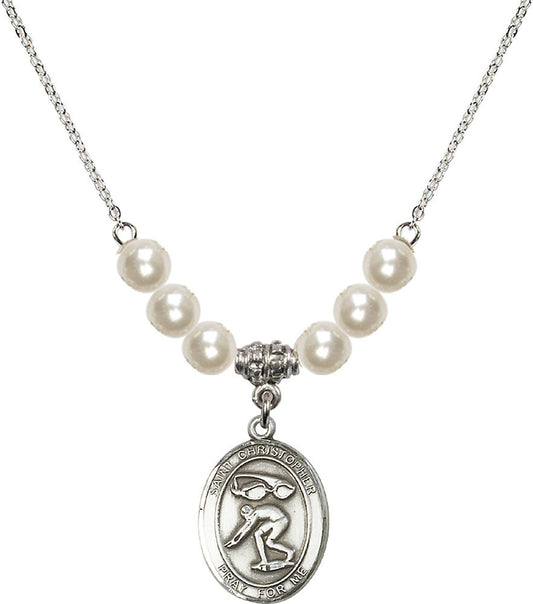Sterling Silver Saint Christopher/Swimming Birthstone Necklace with Faux-Pearl Beads - 8511