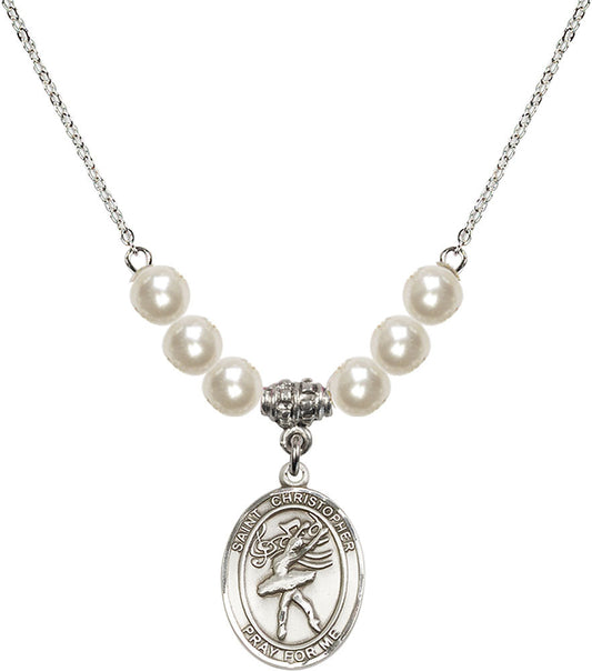 Sterling Silver Saint Christopher/Dance Birthstone Necklace with Faux-Pearl Beads - 8512