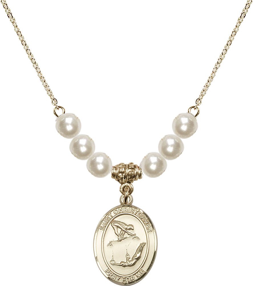 14kt Gold Filled Saint Christopher/Gymnastics Birthstone Necklace with Faux-Pearl Beads - 8513