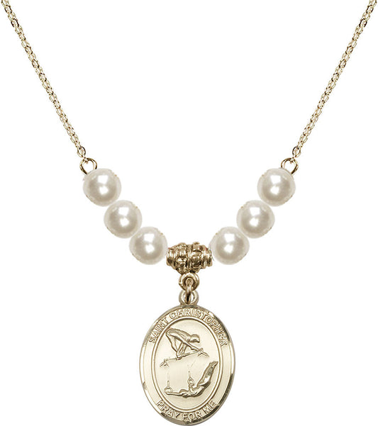 14kt Gold Filled Saint Christopher/Gymnastics Birthstone Necklace with Faux-Pearl Beads - 8513