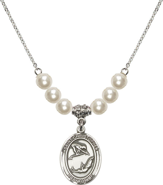 Sterling Silver Saint Christopher/Gymnastics Birthstone Necklace with Faux-Pearl Beads - 8513