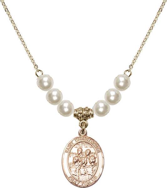 14kt Gold Filled Saint Christopher / Choir Birthstone Necklace with Faux-Pearl Beads - 8514