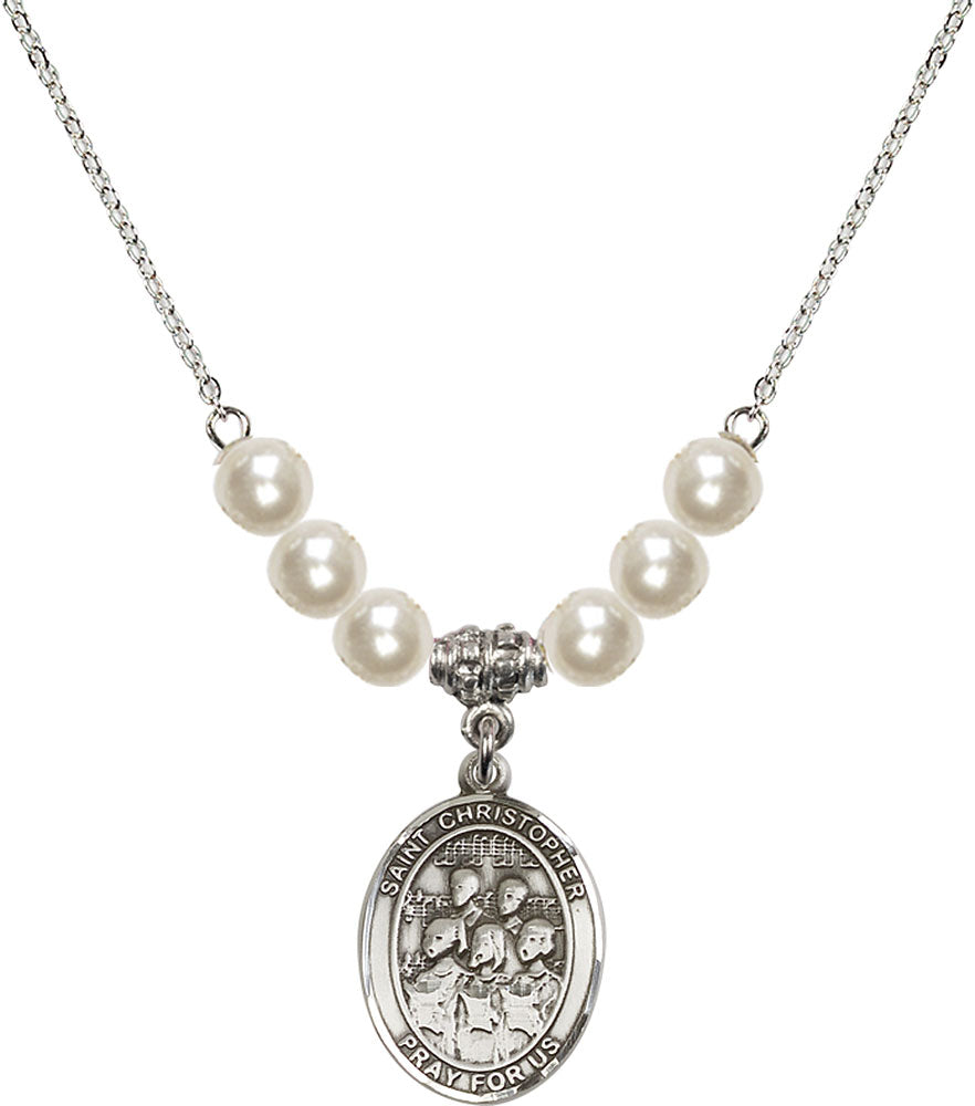 Sterling Silver Saint Christopher / Choir Birthstone Necklace with Faux-Pearl Beads - 8514