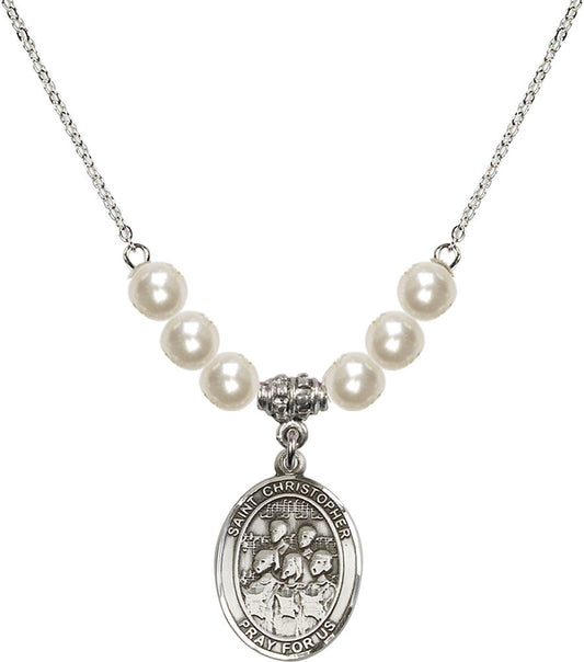 Sterling Silver Saint Christopher / Choir Birthstone Necklace with Faux-Pearl Beads - 8514