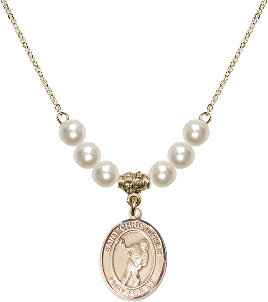 14kt Gold Filled Saint Christopher/Lacrosse Birthstone Necklace with Faux-Pearl Beads - 8516