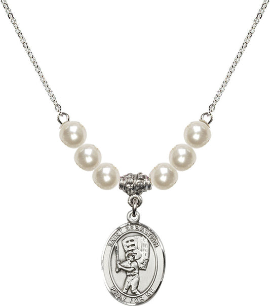 Sterling Silver Saint Sebastian / Baseball Birthstone Necklace with Faux-Pearl Beads - 8600