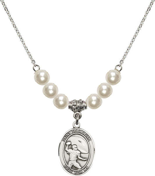 Sterling Silver Saint Sebastian / Football Birthstone Necklace with Faux-Pearl Beads - 8601