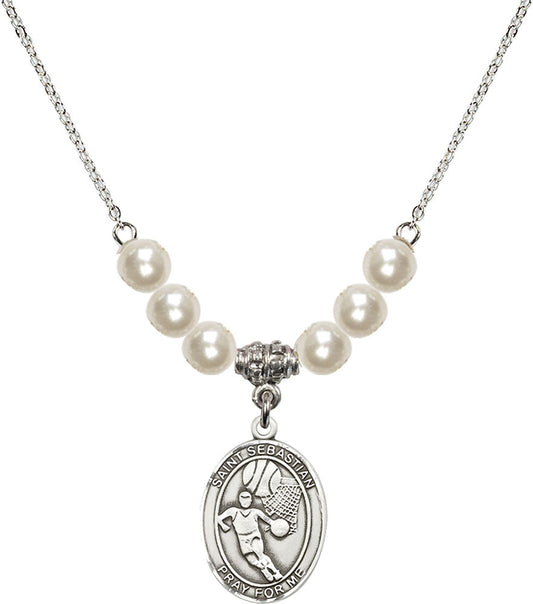 Sterling Silver Saint Sebastian/Basketball Birthstone Necklace with Faux-Pearl Beads - 8602