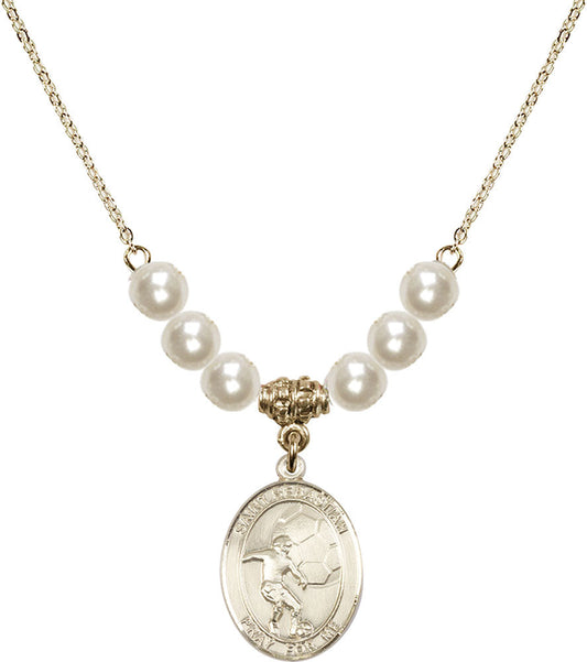 14kt Gold Filled Saint Sebastian / Soccer Birthstone Necklace with Faux-Pearl Beads - 8603