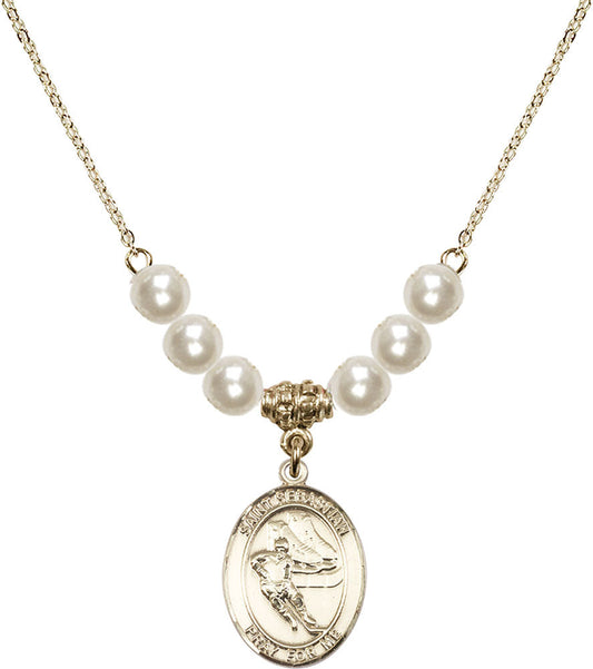 14kt Gold Filled Saint Sebastian / Hockey Birthstone Necklace with Faux-Pearl Beads - 8604