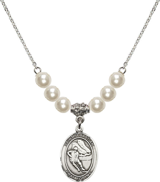 Sterling Silver Saint Sebastian / Hockey Birthstone Necklace with Faux-Pearl Beads - 8604