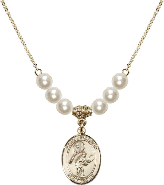 14kt Gold Filled Saint Sebastian / Tennis Birthstone Necklace with Faux-Pearl Beads - 8605