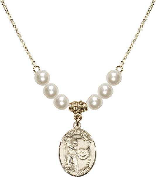 14kt Gold Filled Saint Sebastian / Golf Birthstone Necklace with Faux-Pearl Beads - 8606