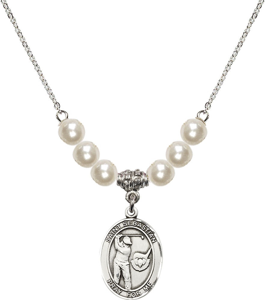 Sterling Silver Saint Sebastian / Golf Birthstone Necklace with Faux-Pearl Beads - 8606