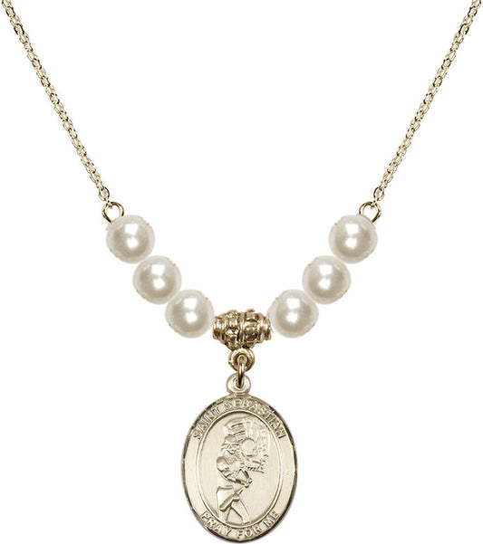 14kt Gold Filled Saint Sebastian/Softball Birthstone Necklace with Faux-Pearl Beads - 8607