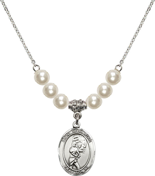 Sterling Silver Saint Sebastian/Softball Birthstone Necklace with Faux-Pearl Beads - 8607