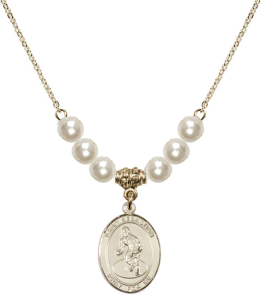 14kt Gold Filled Saint Sebastian/Wrestling Birthstone Necklace with Faux-Pearl Beads - 8608