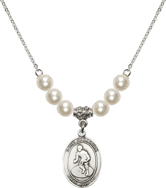 Sterling Silver Saint Sebastian/Wrestling Birthstone Necklace with Faux-Pearl Beads - 8608