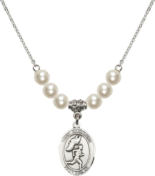 Sterling Silver Saint Sebastian /Track&Field-Men Birthstone Necklace with Faux-Pearl Beads - 8609