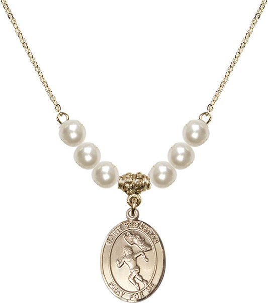 14kt Gold Filled Saint Sebastian /Track&Field-Women Birthstone Necklace with Faux-Pearl Beads - 8610