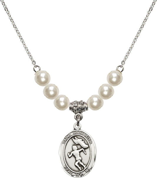 Sterling Silver Saint Sebastian /Track&Field-Women Birthstone Necklace with Faux-Pearl Beads - 8610